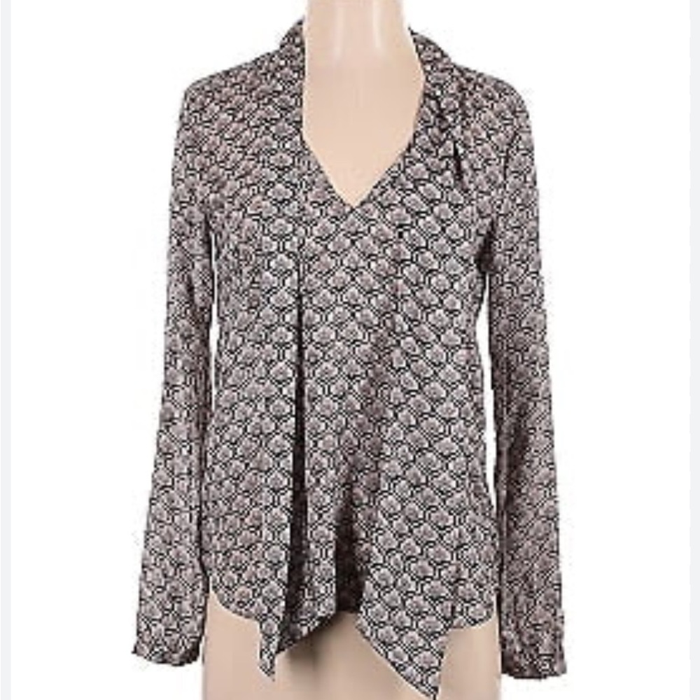 Ann Taylor Loft Black and Cream Lotus Print Long Sleeve Blouse Size Small